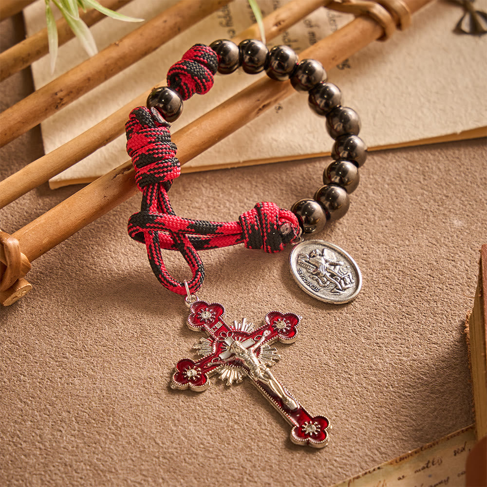 Solacebeads Gunmetal Bead Car Rosary & Red Enamel Crucifix: Rooted In St. Michael Protection - image 7