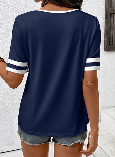 2026 Spring/Summer Women's Casual Colorblock V-Neck T-Shirt