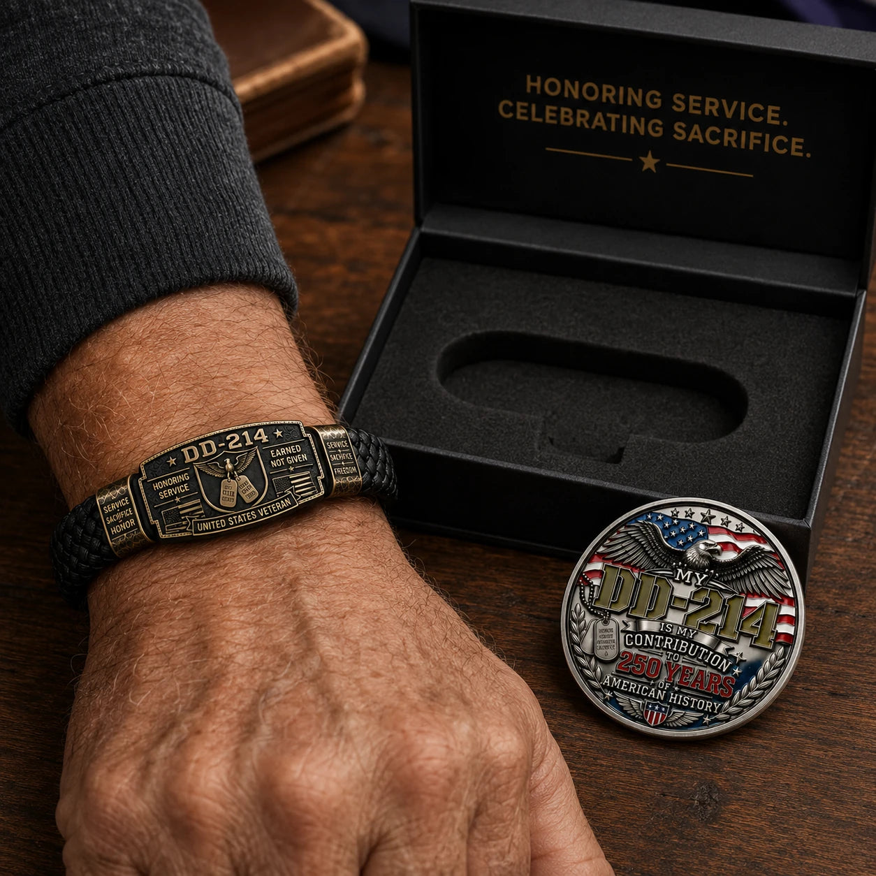 Close-up of bracelet being worn with commemorative coin nearby