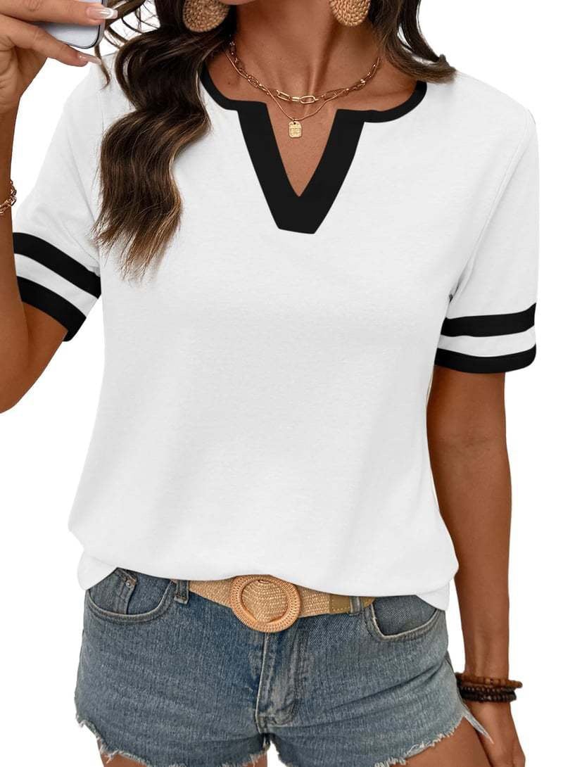 2026 Spring/Summer Women's Casual Colorblock V-Neck T-Shirt