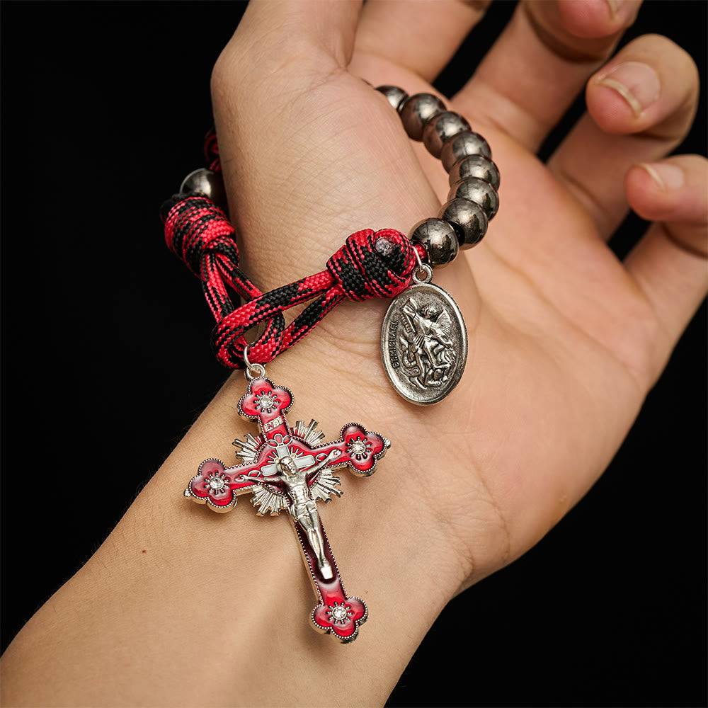 Solacebeads Gunmetal Bead Car Rosary & Red Enamel Crucifix: Rooted In St. Michael Protection - image 1