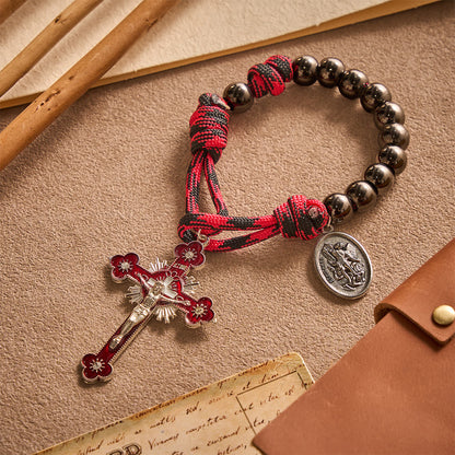 Solacebeads Gunmetal Bead Car Rosary & Red Enamel Crucifix: Rooted In St. Michael Protection - image 5