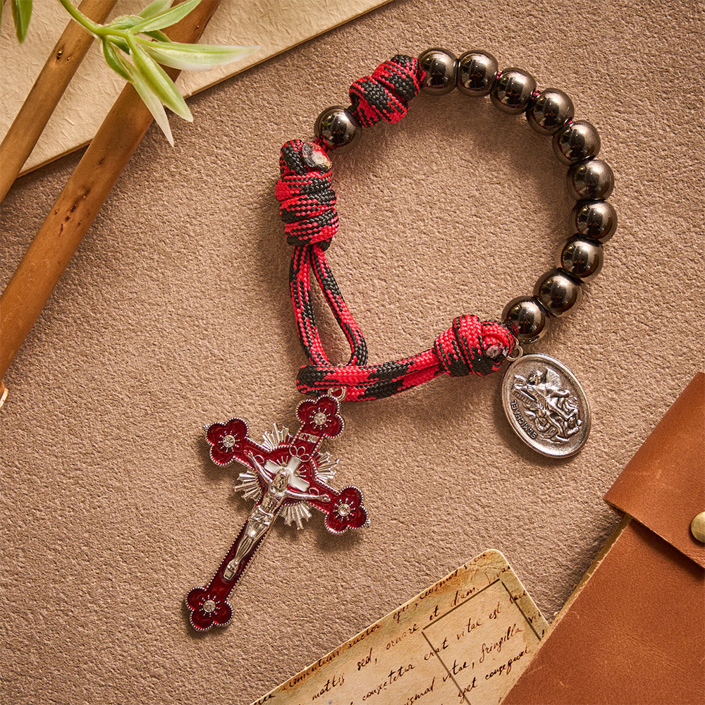 Solacebeads Gunmetal Bead Car Rosary & Red Enamel Crucifix: Rooted In St. Michael Protection - image 6