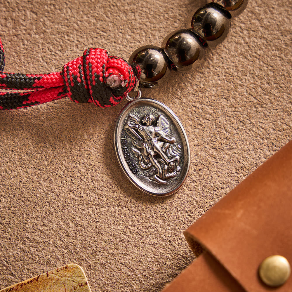 Solacebeads Gunmetal Bead Car Rosary & Red Enamel Crucifix: Rooted In St. Michael Protection - image 3