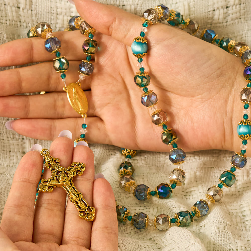 Solacebeads Ocean Tone Crystal Rosary With Filigree Crucifix: Rooted In Blessed Marian Devotion - image 1
