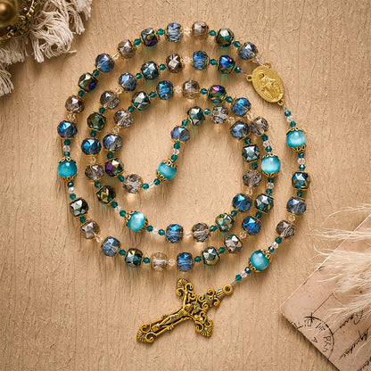 Solacebeads Ocean Tone Crystal Rosary With Filigree Crucifix: Rooted In Blessed Marian Devotion - Ocean Tone - image 0
