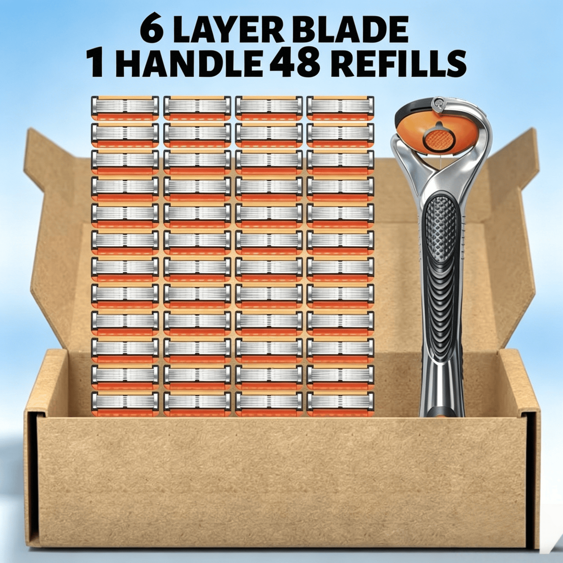 Men’s 6-Blade Shaving Set: Razor Handle with 24 or 48 Spare Cartridges