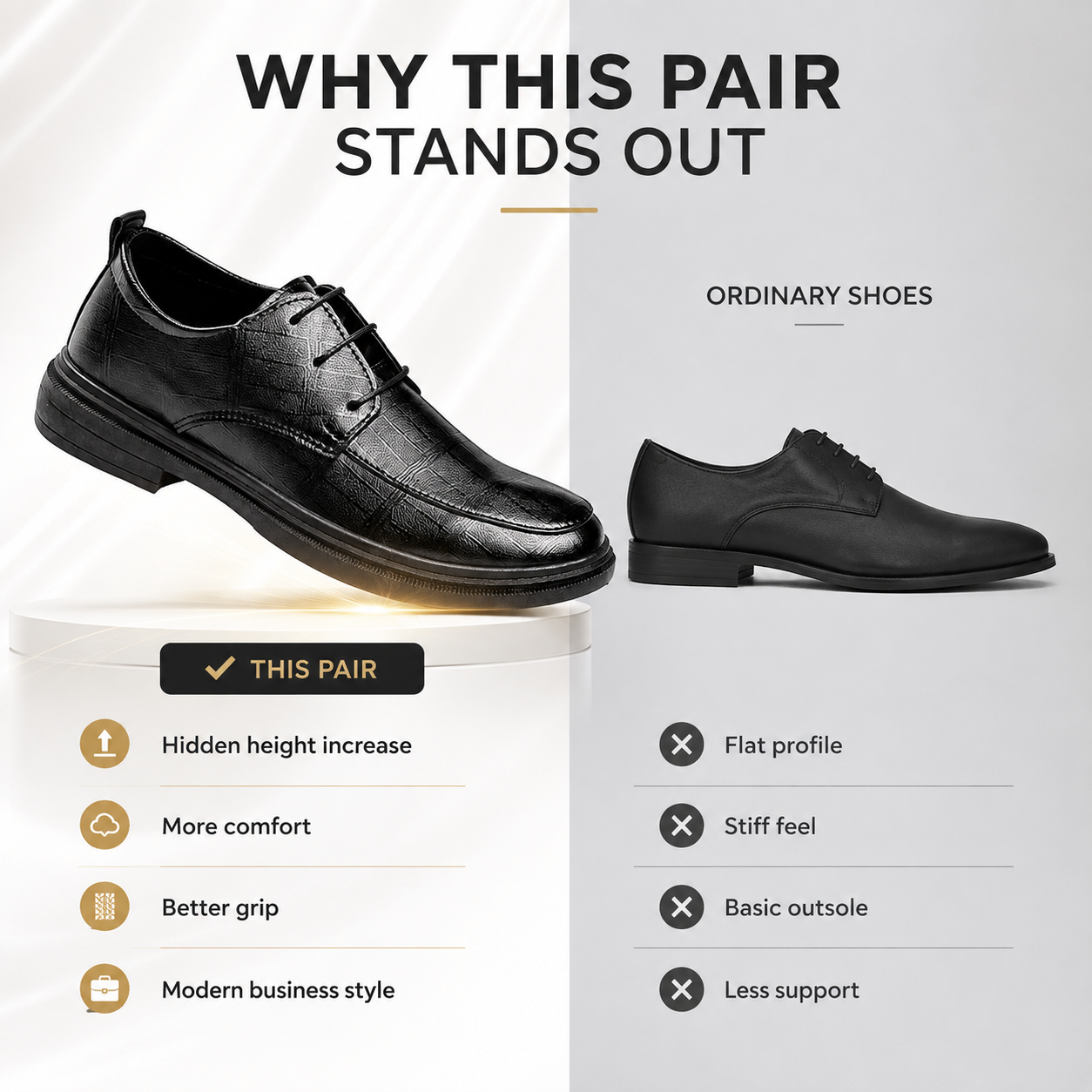 Height-increasing shoes that look like standard dress shoes