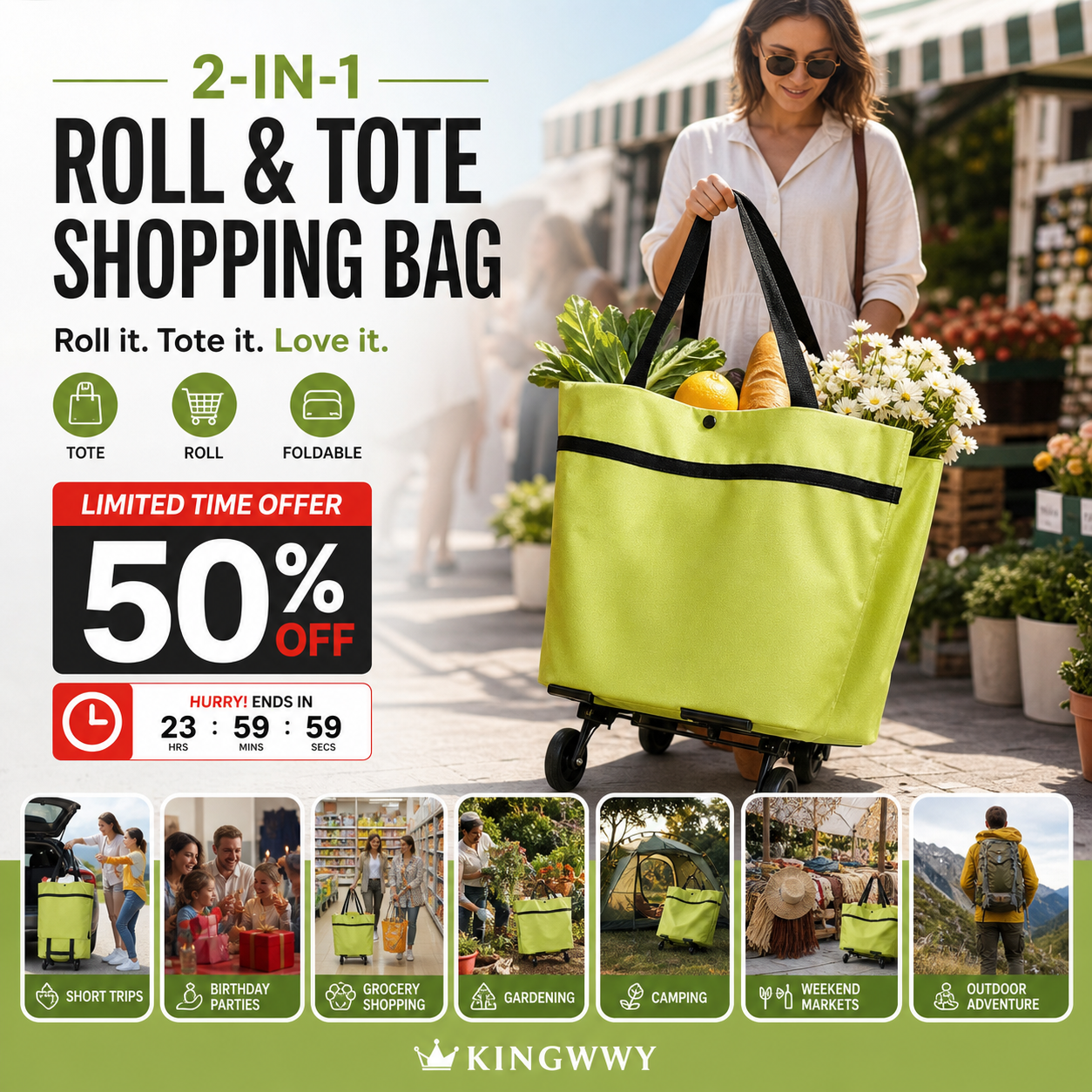 🛍️ 50% OFF NOW! 🛒 2-in-1 Convertible Shopping Tote – Hideaway wheels, 20kg capacity & expandable zipper – Compact, sturdy & perfect for markets & travel 📦