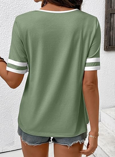 2026 Spring/Summer Women's Casual Colorblock V-Neck T-Shirt