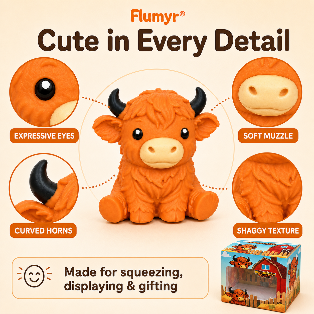🔥Last Day 49% OFF -  🐮 Flumyr® Highland Cow Squishy – Squeeze. Relax & Smile! 🧡