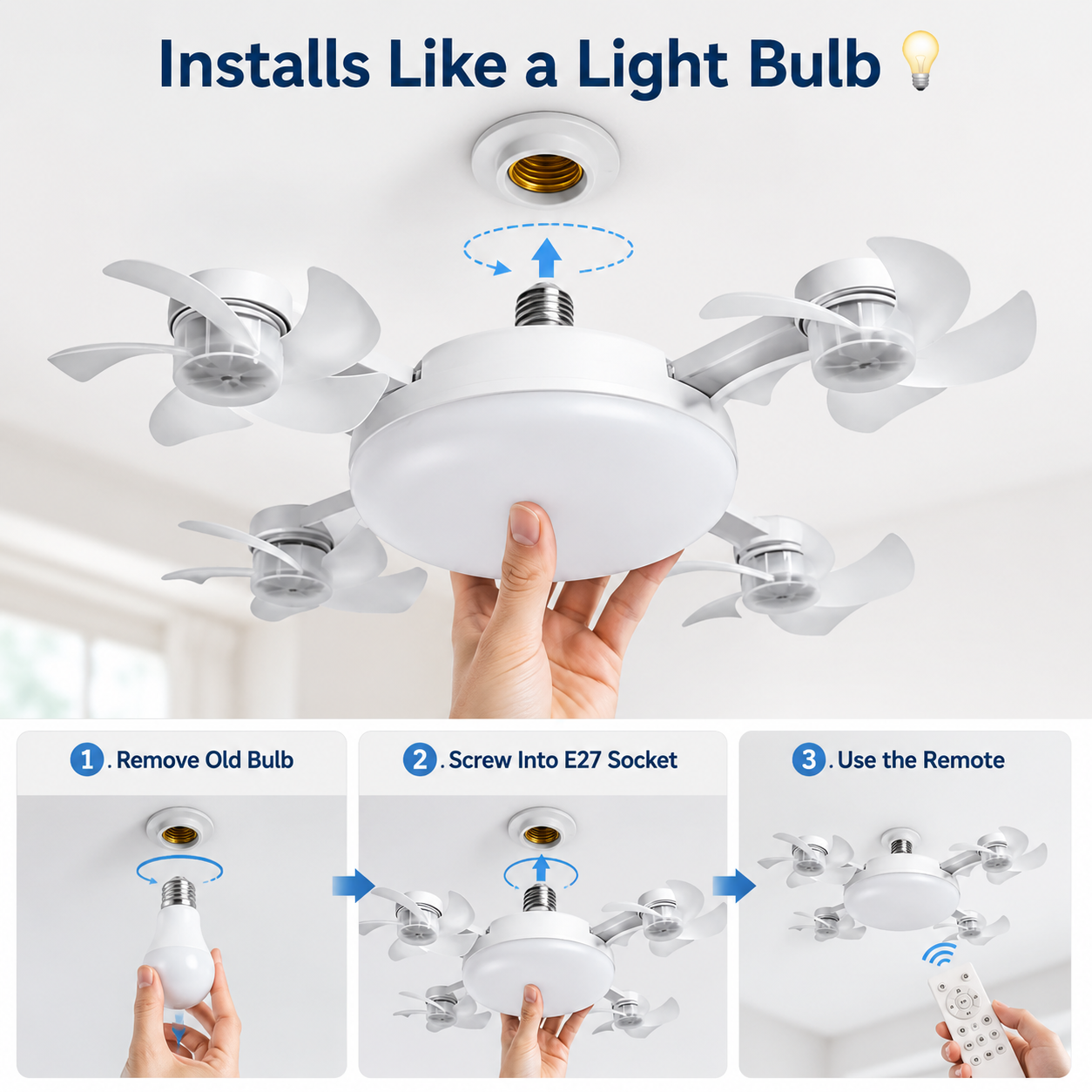 💡 E27 Socket Ceiling Fan Light – 2-in-1 LED Fan Bulb with Remote Control for Bedroom, Kitchen & Home Cooling