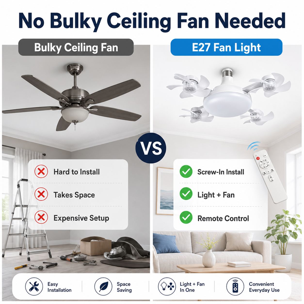 💡 E27 Socket Ceiling Fan Light – 2-in-1 LED Fan Bulb with Remote Control for Bedroom, Kitchen & Home Cooling