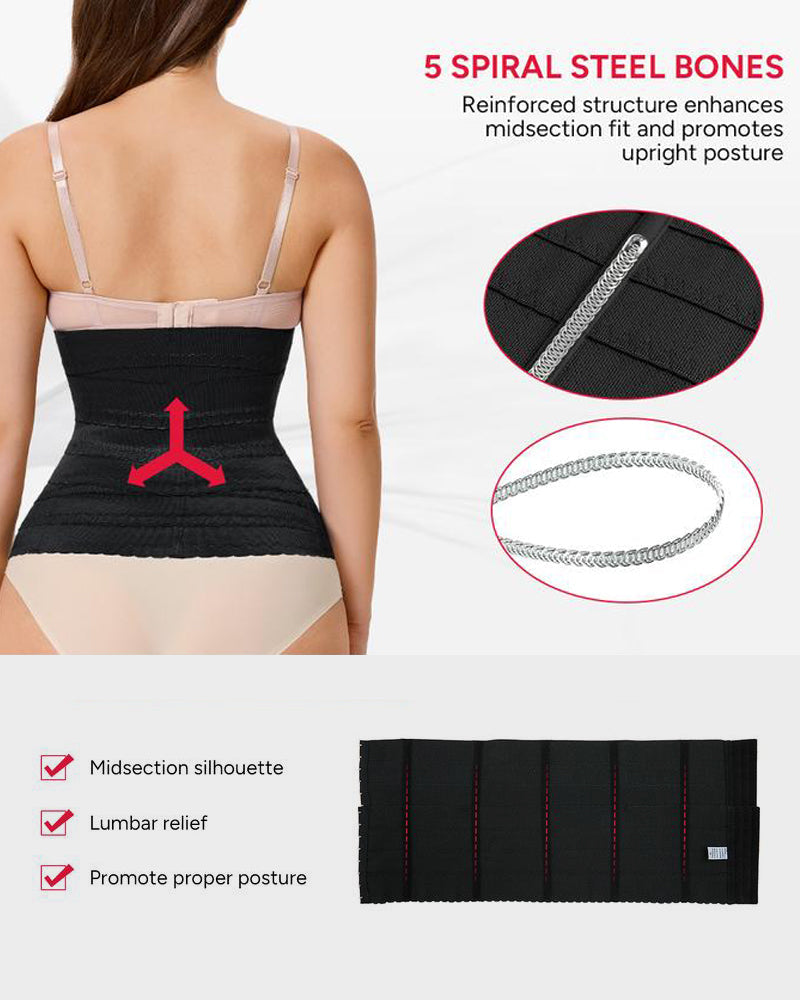 Five spiral steel bones provide reinforced midsection support, helping improve fit, reduce rolling, and promote a more upright posture.