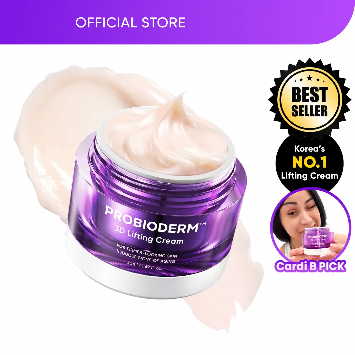 [Cardi B Pick]  Probioderm 3D Lifting Cream 1.7 fl oz | Advanced Korean Facial Night Cream with 17-Peptide Complex & Probioderm for Wrinkles on Face and Neck, Butter-Rich Texture for Perfect Slugging