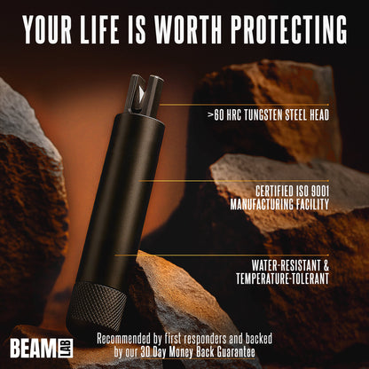 Car safety hammer with integrated seatbelt cutter blade detail