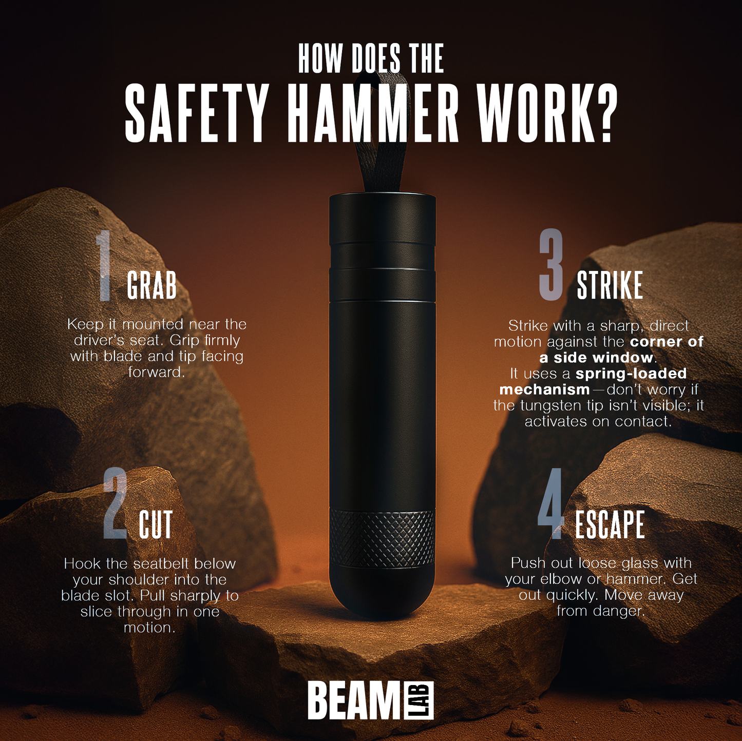 BEAM Lab safety hammer close-up showing spring-loaded mechanism and tungsten tip