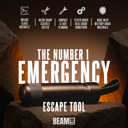 BEAM Lab spring-loaded safety hammer with tungsten steel tip and seatbelt cutter