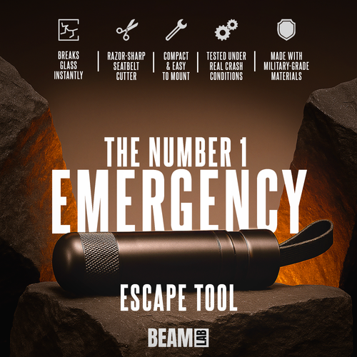 BEAM Lab spring-loaded safety hammer with tungsten steel tip and seatbelt cutter