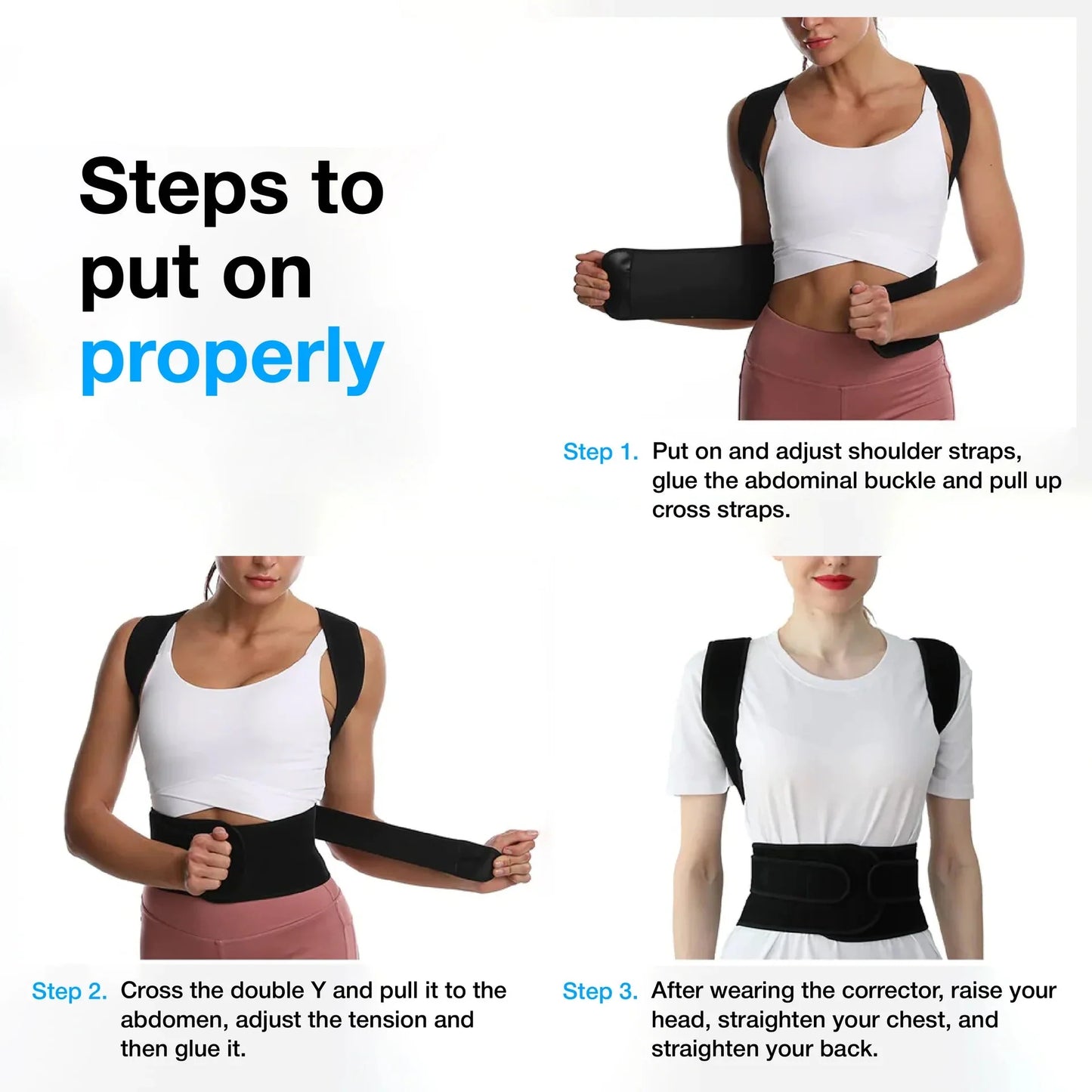 Instructions on how to put on a back brace with a person wearing it.