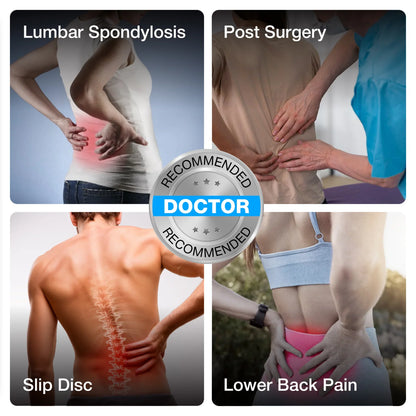 Collage of images related to back pain conditions with a 'Doctor Recommended' badge.