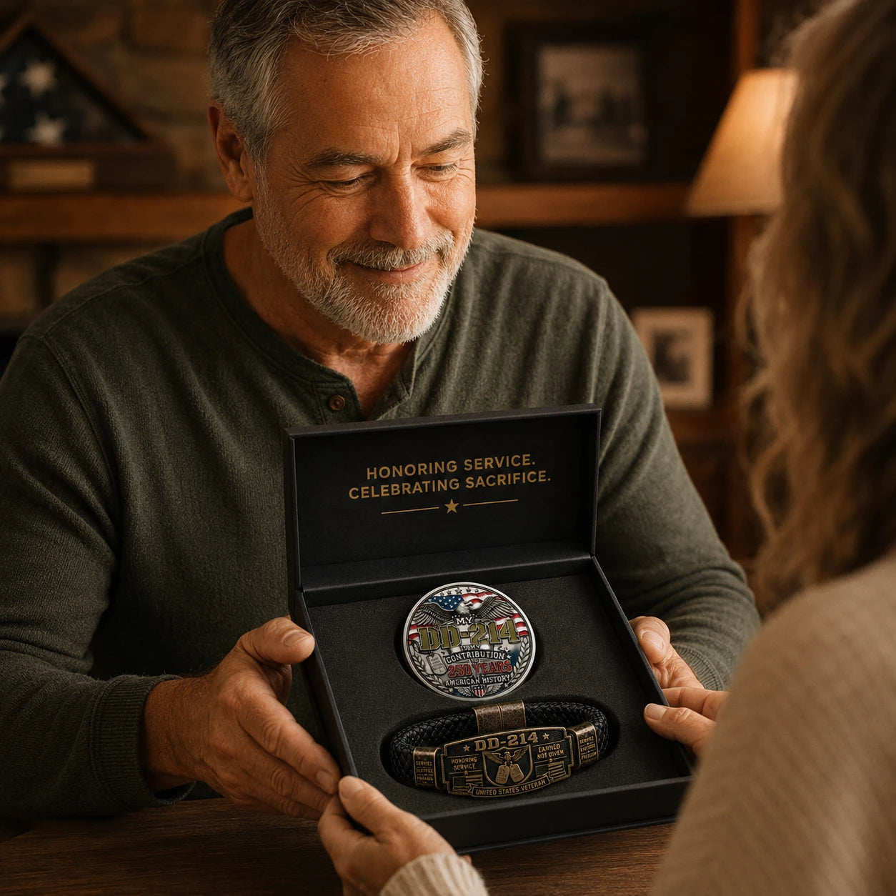 Older man receiving the DD-214 bracelet and coin set with an emotional smile