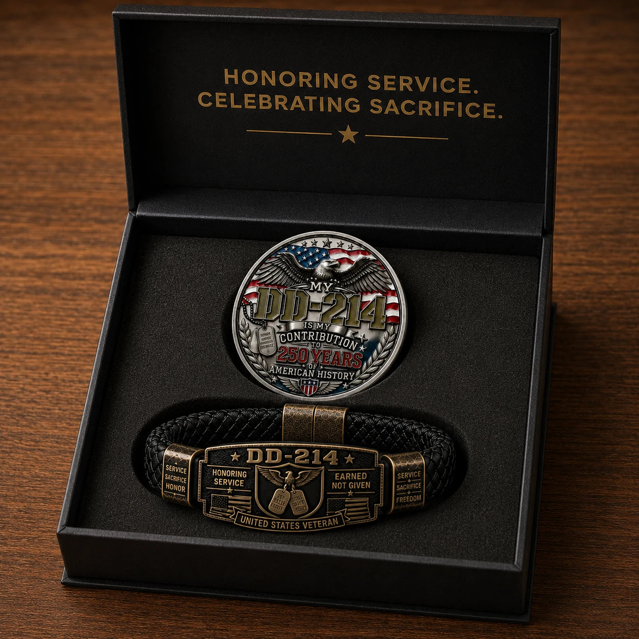 DD-214 bracelet and commemorative coin inside a black gift box