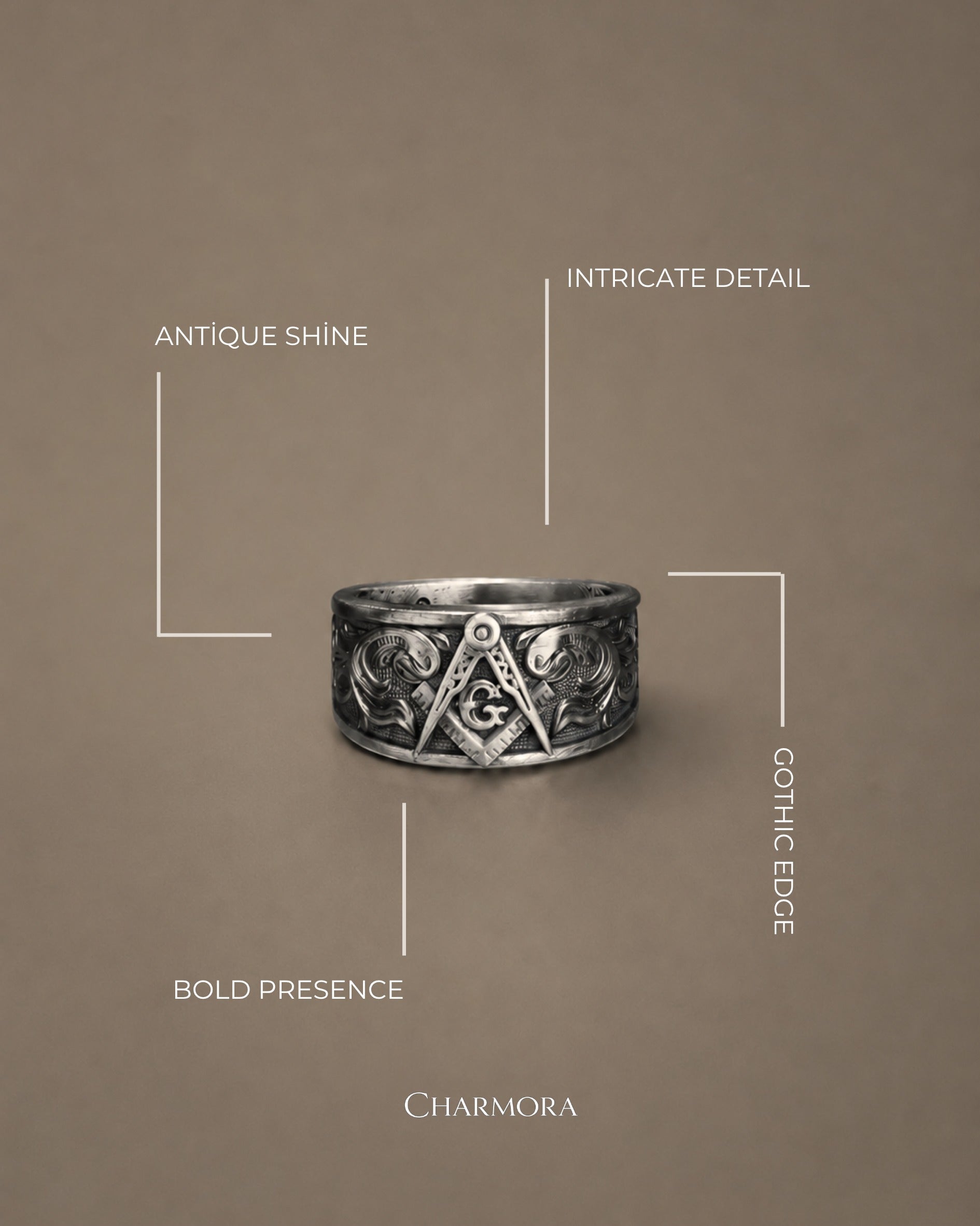 Sterling Silver Masonic Ring: Freemason Symbol Jewelry Gift
