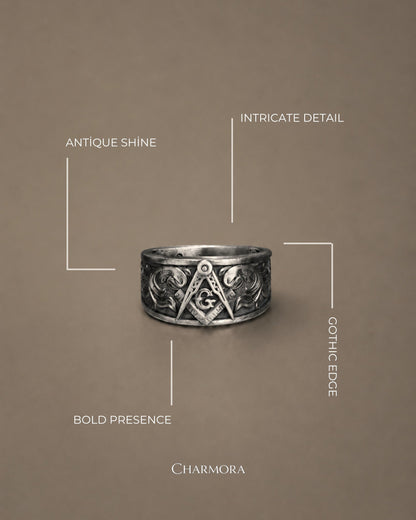 Sterling Silver Masonic Ring: Freemason Symbol Jewelry Gift
