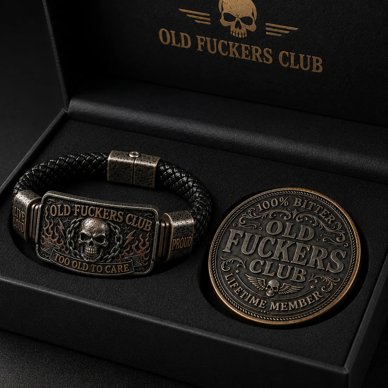 Close-up of the Old Fuckers Club bracelet and collector coin